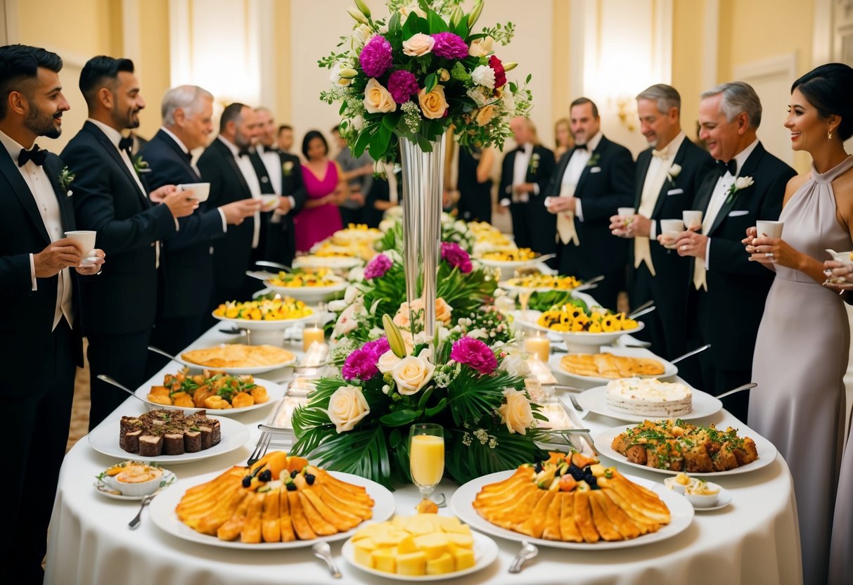 A grand buffet table adorned with floral centerpieces and a variety of elegantly displayed breakfast dishes, surrounded by guests in formal attire
