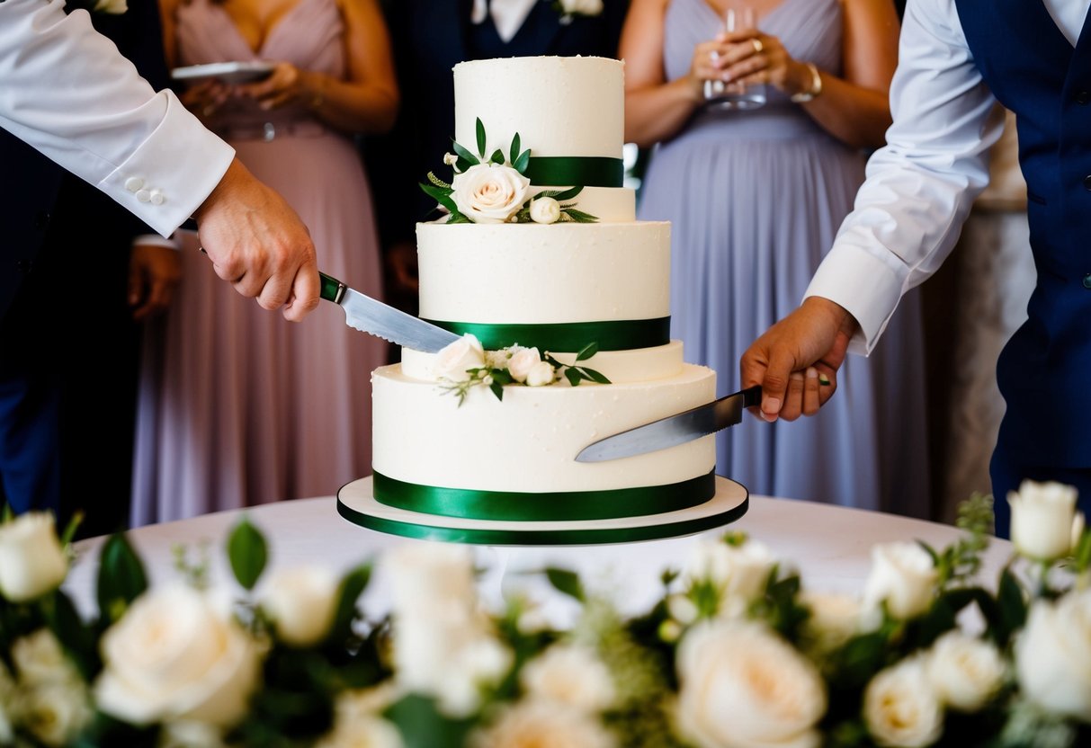 A three-tiered wedding cake being cut into slices for 150 guests