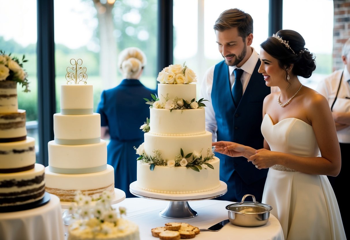 A three-tiered wedding cake being selected from a display of various designs, with a couple discussing options with a baker