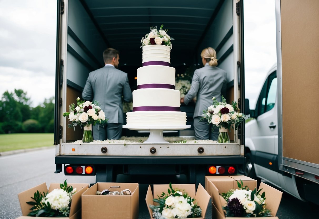 A three-tiered wedding cake being loaded onto a delivery truck, surrounded by boxes of flowers and decorations
