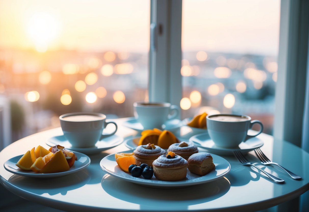 A table set with elegant pastries, fruit, and coffee, bathed in soft morning light from a window