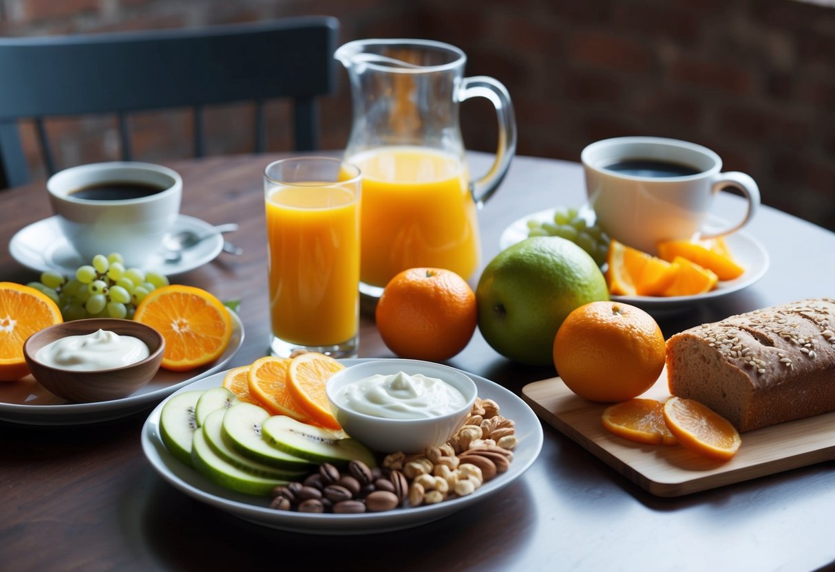 A table set with a variety of fresh fruits, whole grain bread, yogurt, and nuts. A pitcher of orange juice and a pot of coffee sit nearby