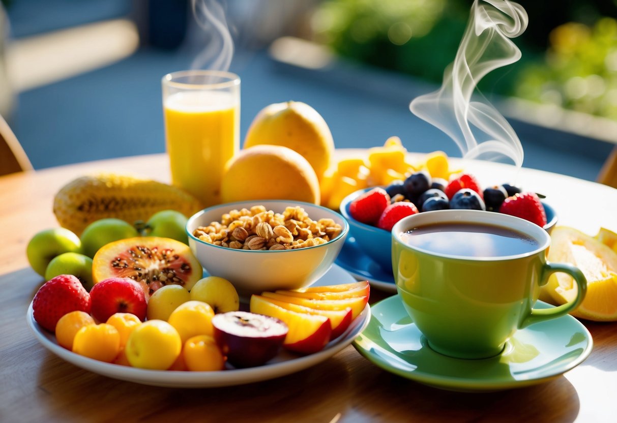A colorful array of fresh fruits, granola, yogurt, and a steaming cup of coffee on a sunlit breakfast table