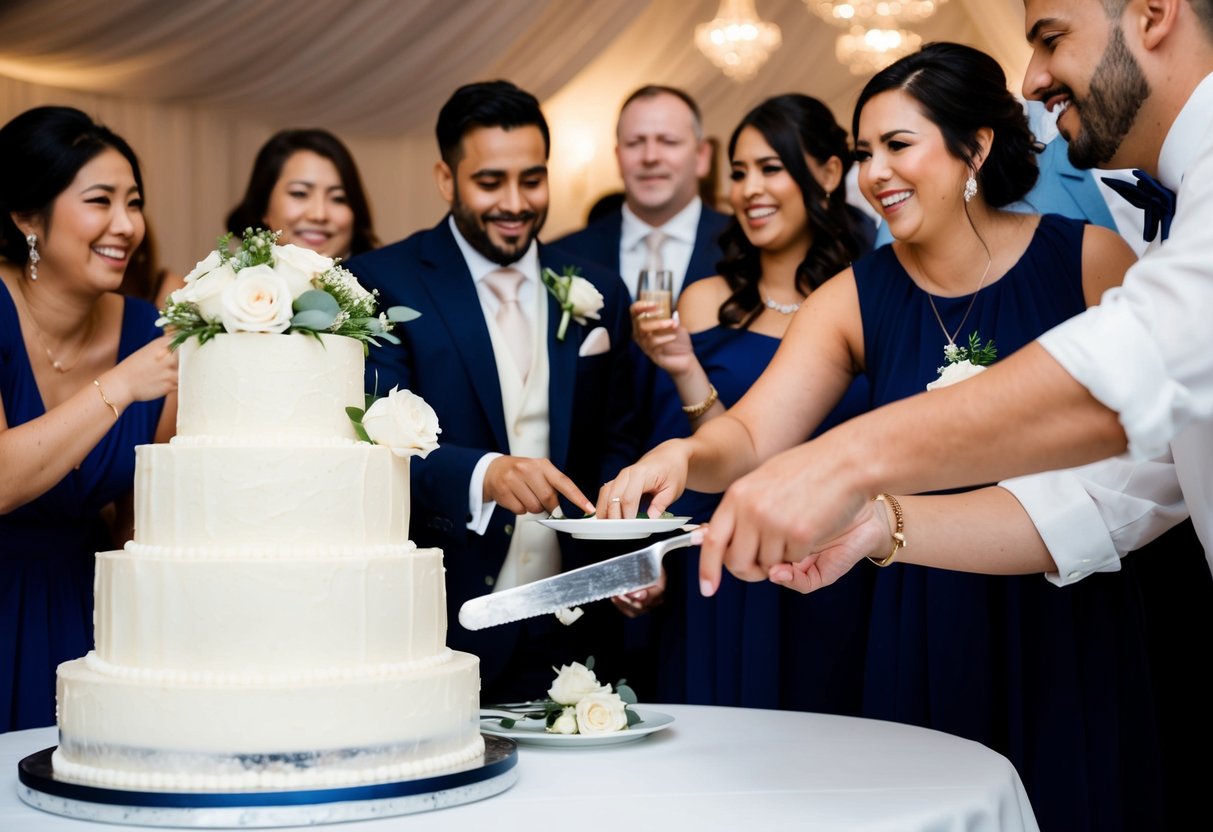 A wedding cake being sliced and served to guests, with a majority of them eagerly taking a piece