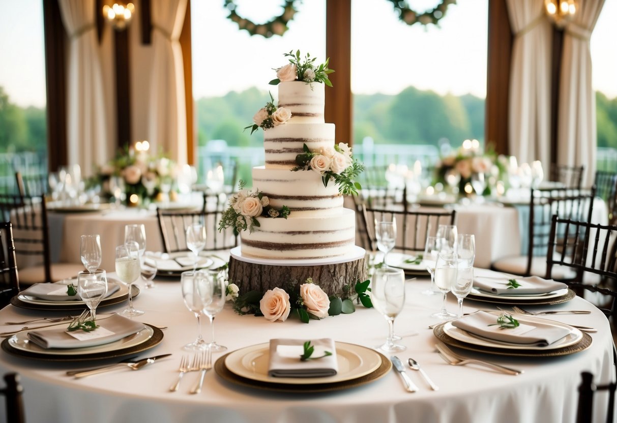 A beautifully decorated table set with elegant place settings, floral centerpieces, and a tiered wedding cake