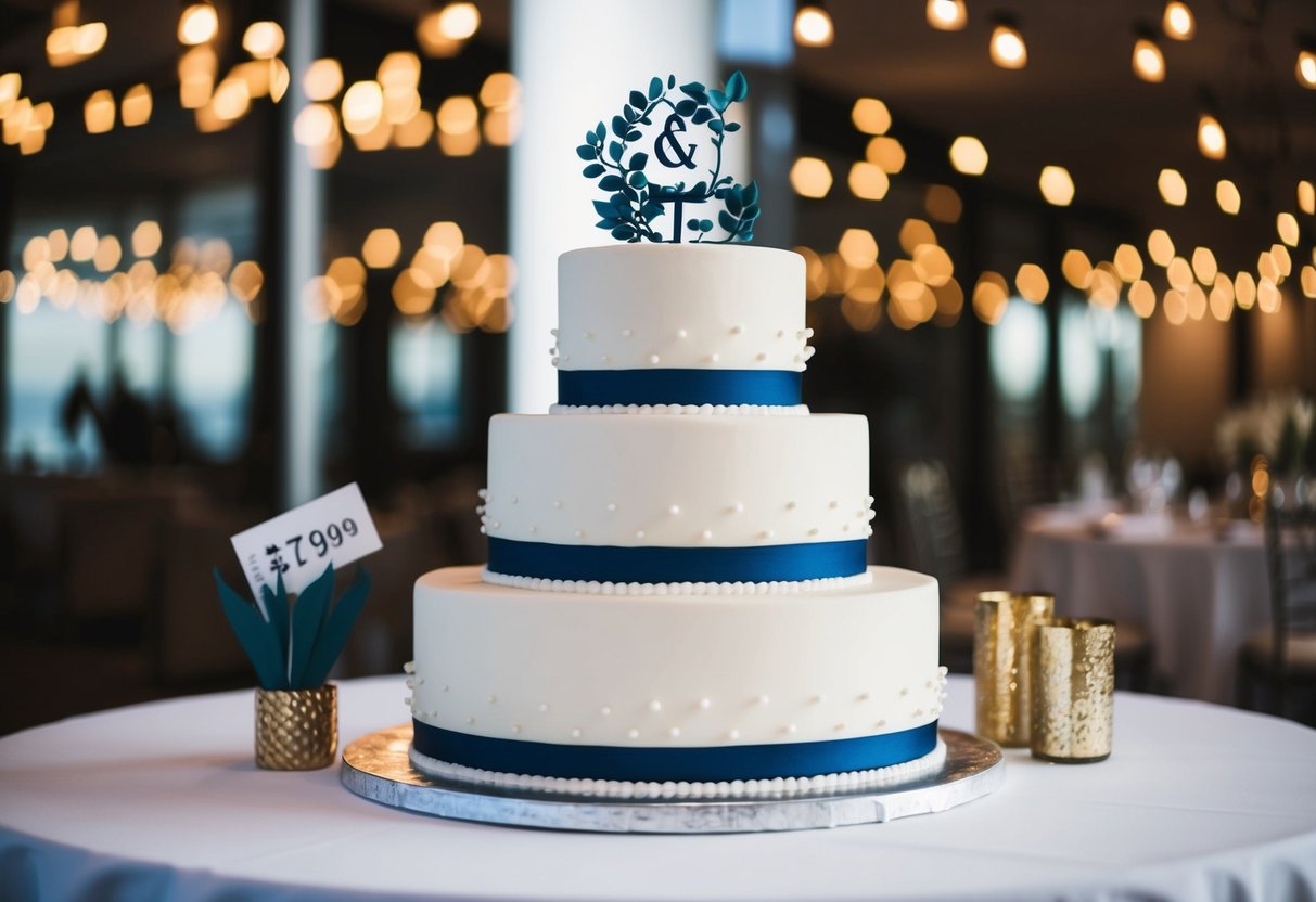 A tiered groom's cake on a table with a price tag and various decorative elements