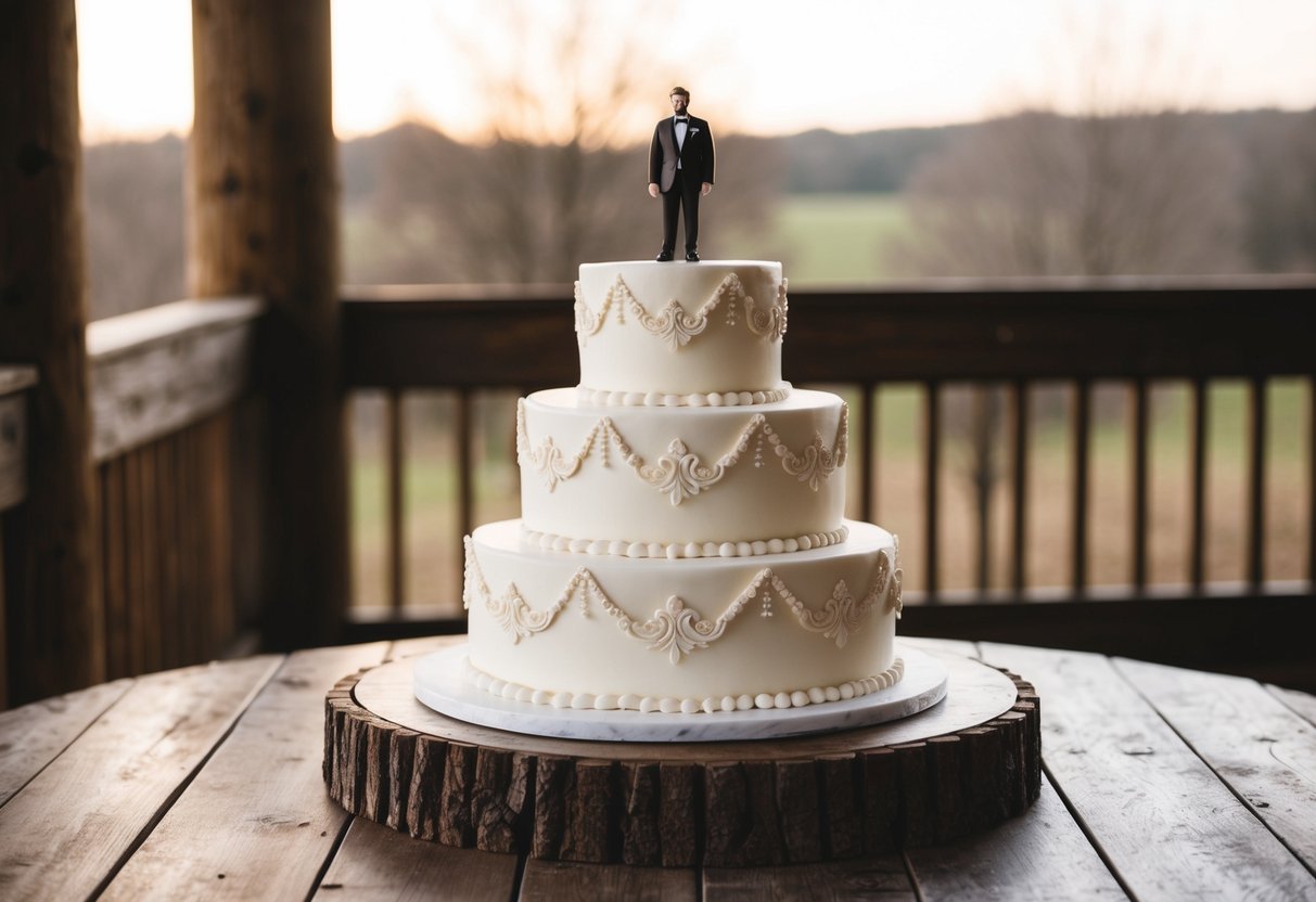 A tiered groom's cake displayed on a rustic wooden table, adorned with intricate fondant designs and topped with a miniature groom figurine