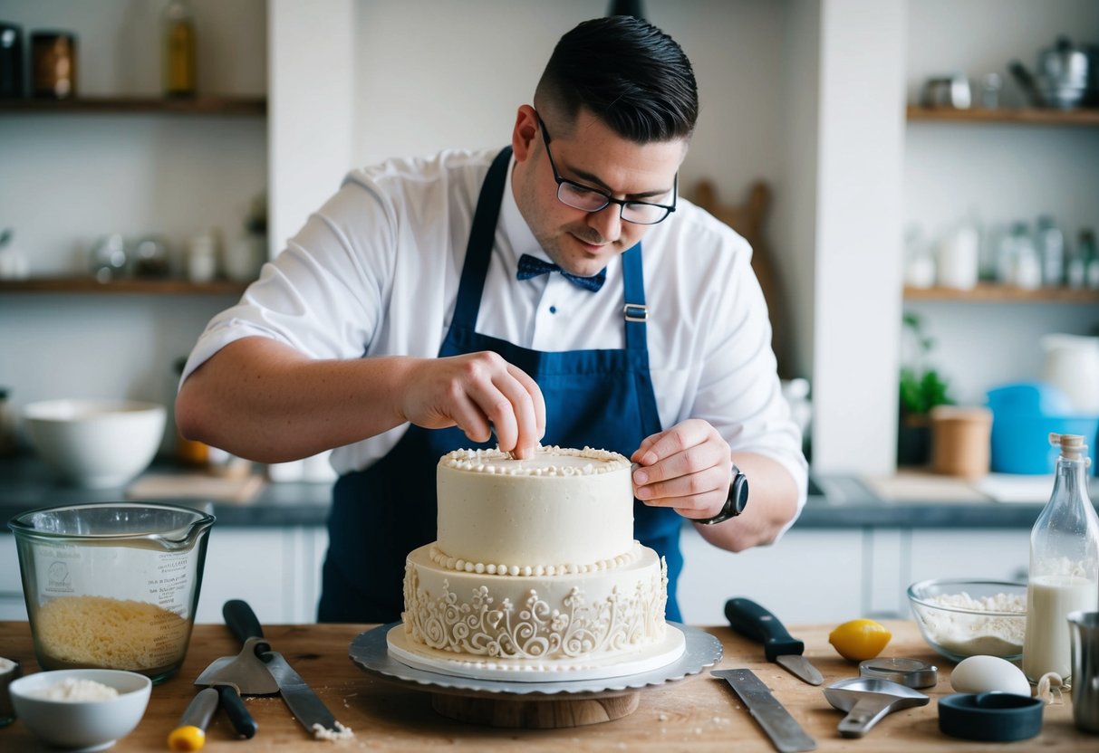 A baker carefully crafting a detailed groom's cake with intricate designs and frosting, surrounded by various tools and ingredients