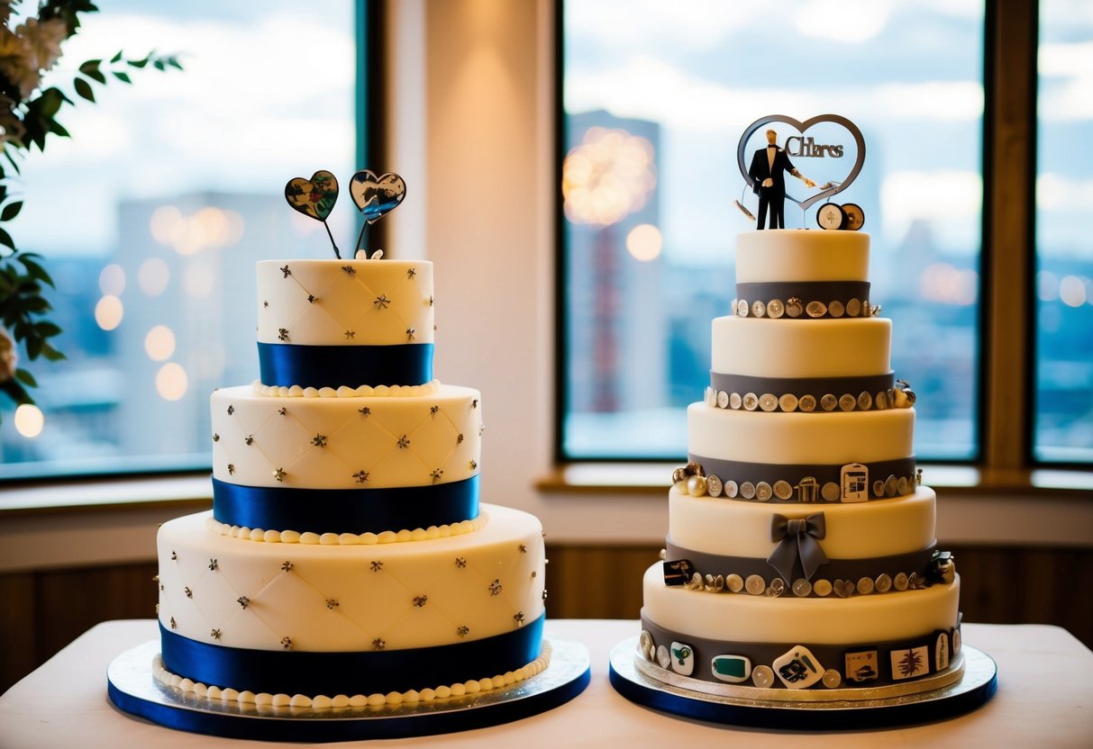 A tiered groom's cake displayed next to the wedding cake, adorned with masculine decorations and reflecting the groom's hobbies or interests