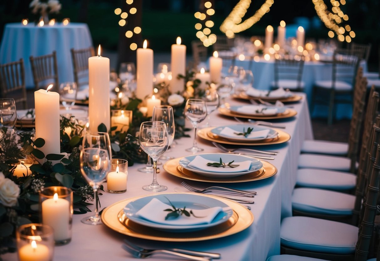 A banquet table adorned with elegant dishes and cutlery, softly lit by candles and twinkling fairy lights, awaits the evening wedding feast