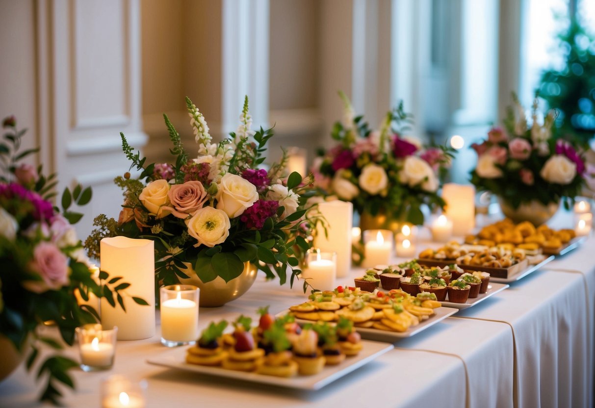 A table adorned with a variety of bite-sized appetizers and snacks, surrounded by elegant floral arrangements and softly glowing candles
