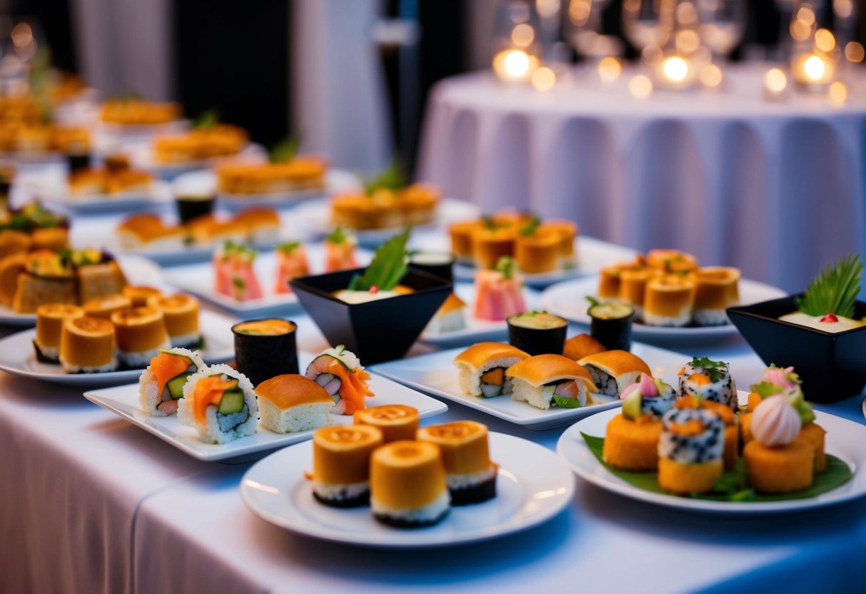 A banquet table adorned with a variety of elegant and delectable evening food options, including mini sliders, sushi rolls, and bite-sized desserts