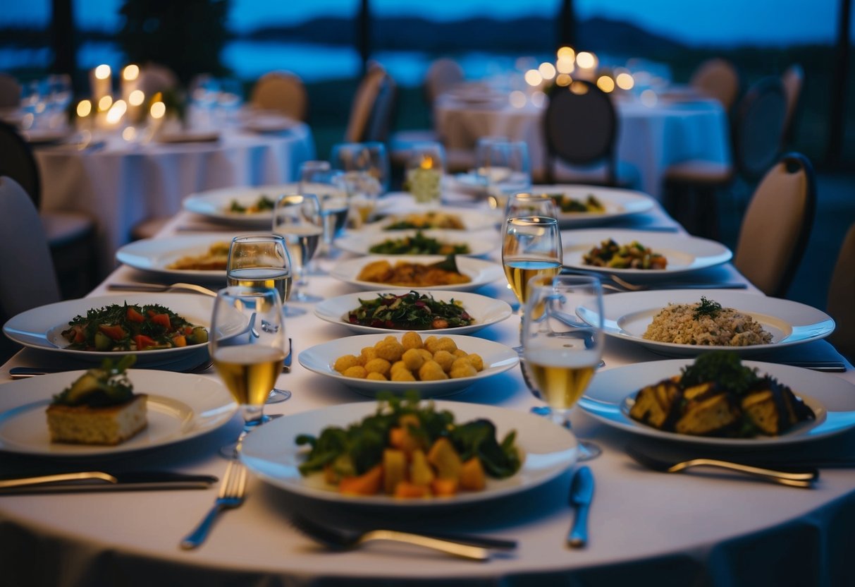 A banquet table with a variety of plated dishes, including options for different dietary needs, is set up for the evening wedding reception