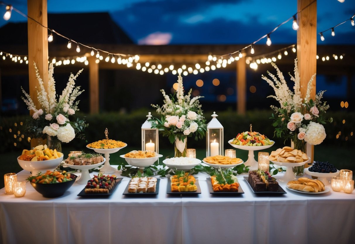 A beautifully decorated buffet table with a variety of elegant and appetizing evening food options, surrounded by twinkling lights and floral arrangements