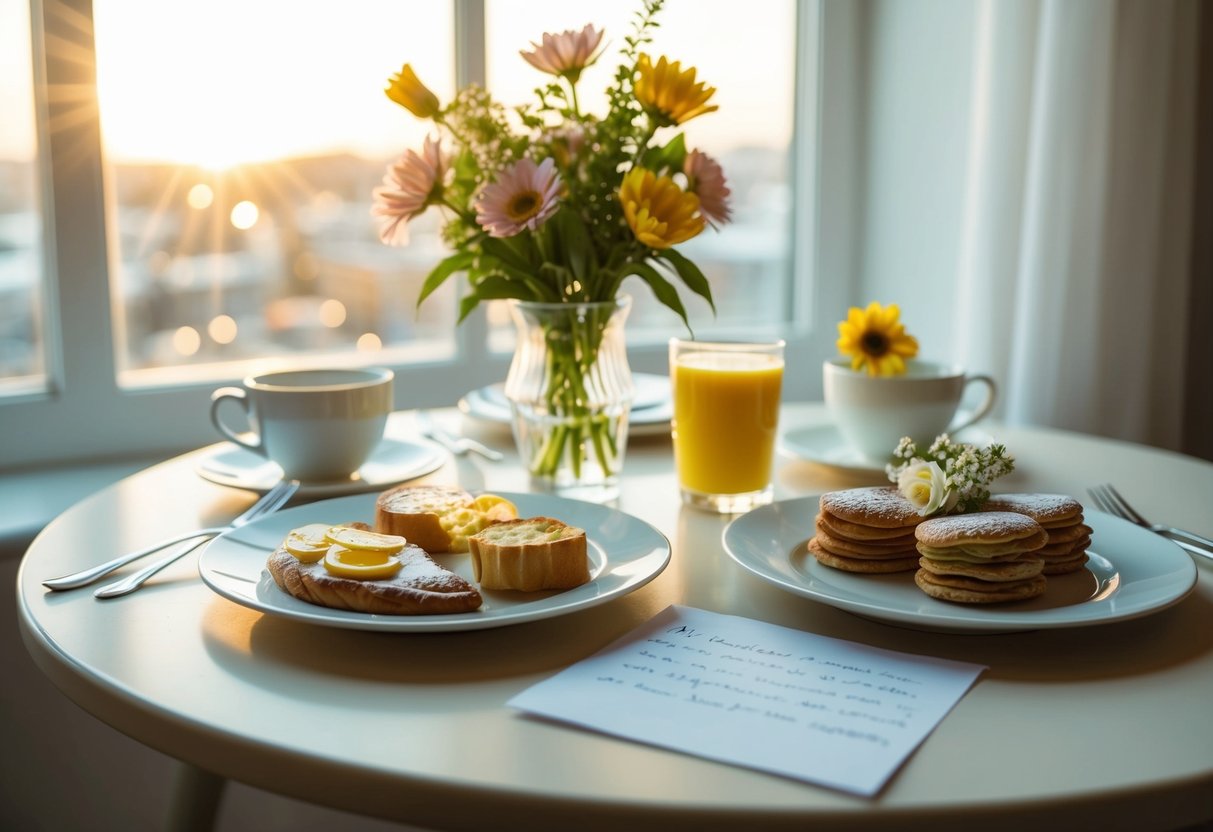 A table set with a delicate breakfast spread, a vase of fresh flowers, and a handwritten note. Sunlight streams through a window, casting a warm glow over the scene