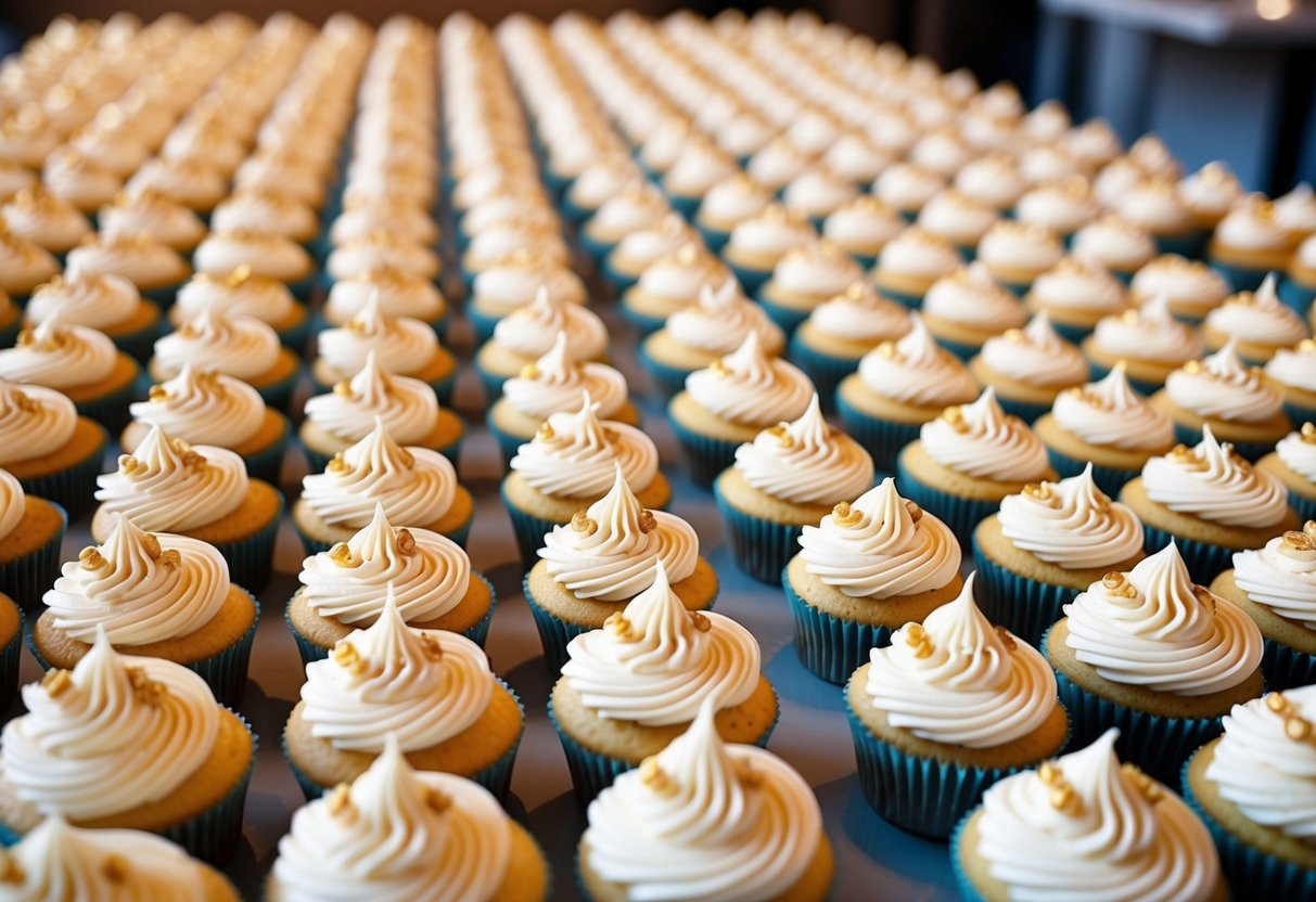 A table filled with neatly arranged rows of cupcakes, totaling 150, each adorned with delicate frosting and decorative accents