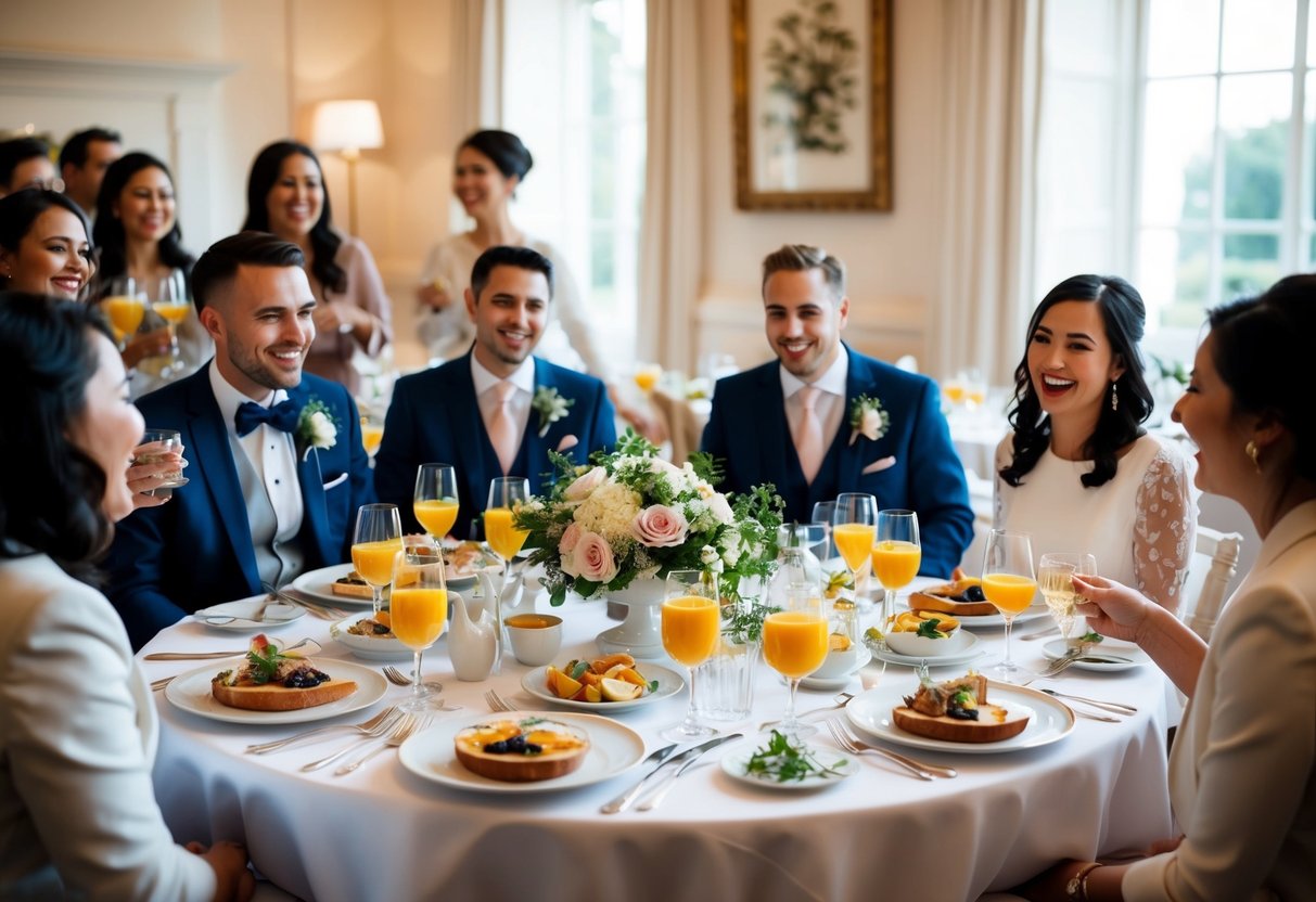 A table set with elegant brunch dishes and drinks, surrounded by happy guests chatting and laughing. A bride-to-be sits at the head of the table, while someone discreetly takes care of the bill