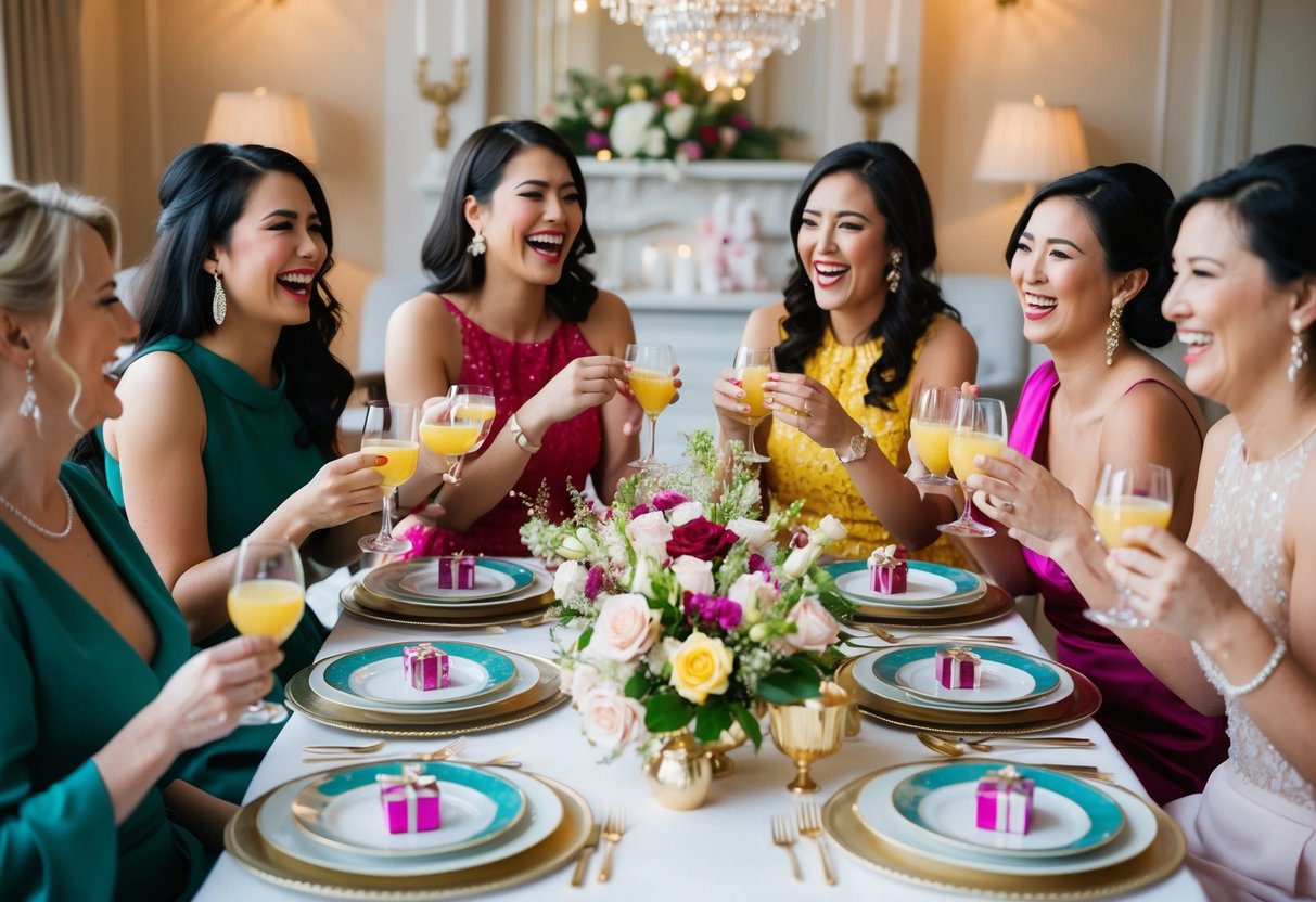 A table set with elegant dishes and floral centerpieces, surrounded by laughing women in fancy dresses, sipping mimosas and exchanging gifts