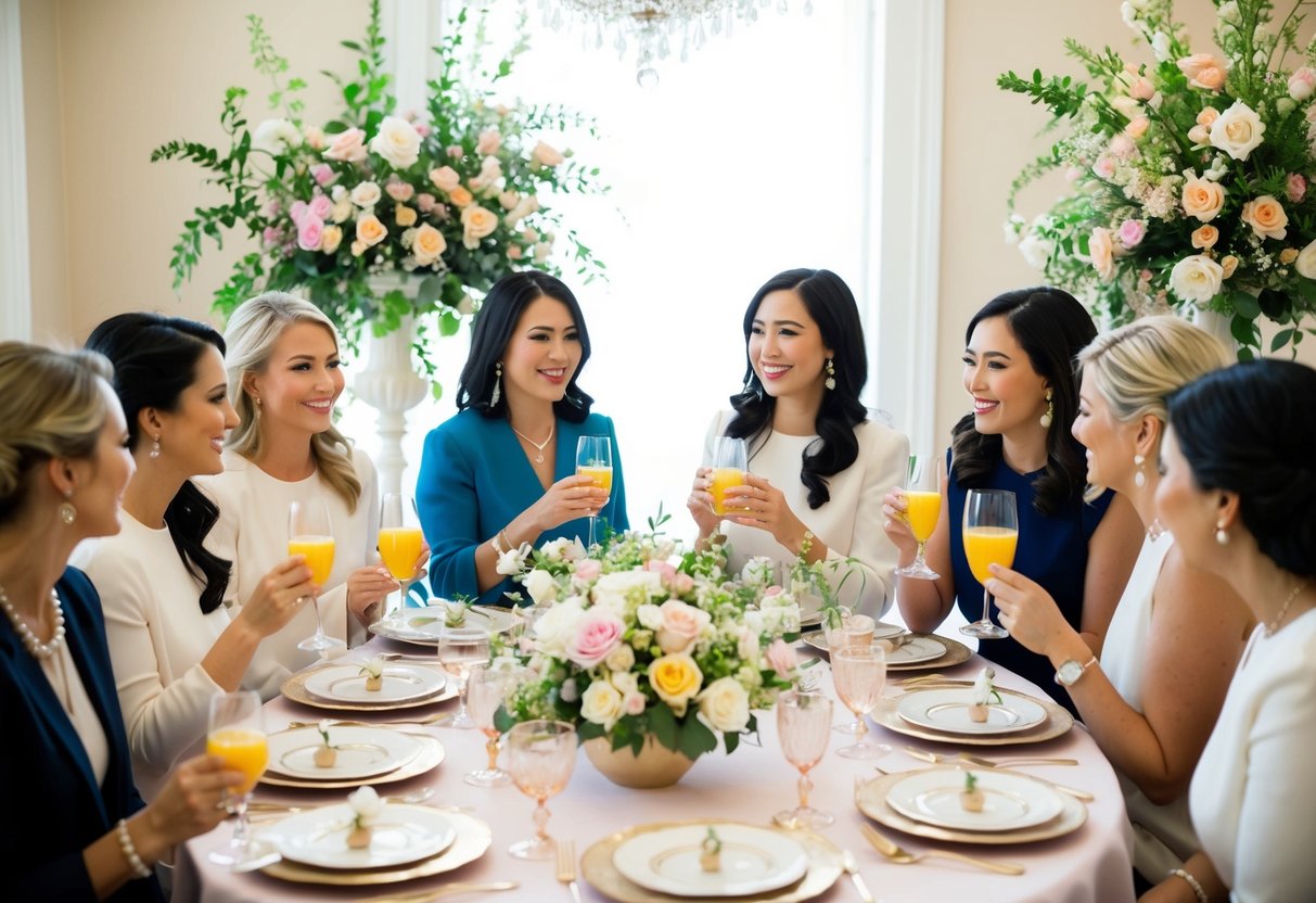 A group of women gather at a beautifully decorated table, sipping mimosas and chatting while surrounded by elegant floral arrangements and delicate place settings