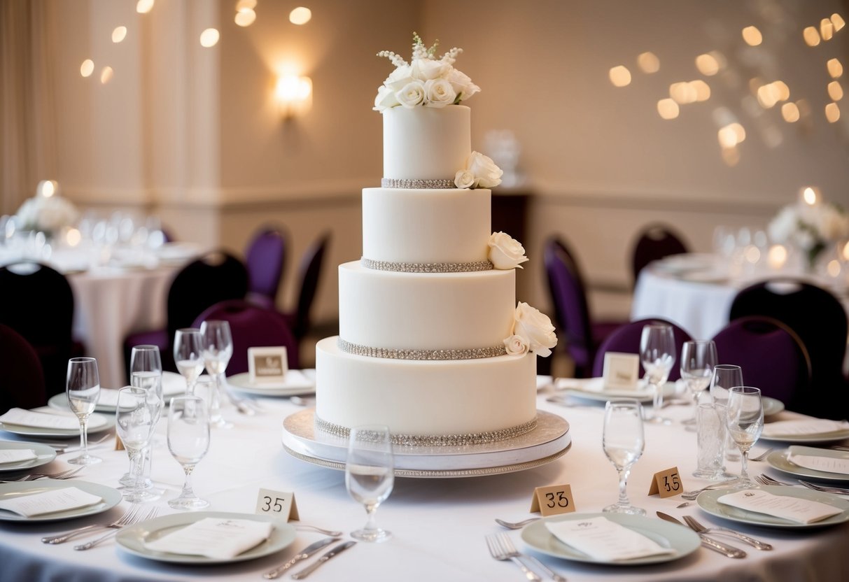 A three-tiered wedding cake with elegant decorations, surrounded by 35 individual place settings