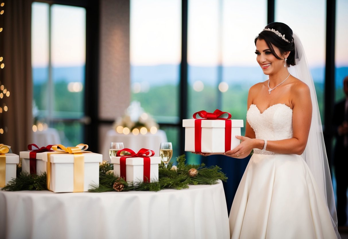 A bride presenting gifts on a decorated table at a wedding reception