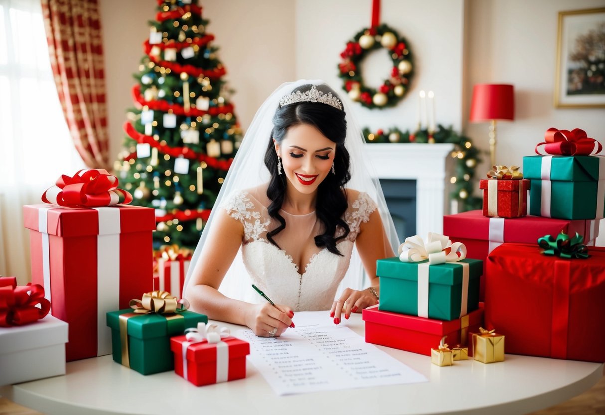 A bride sits at a table surrounded by gift boxes, looking through a list of names and checking off items. A festive atmosphere fills the room with decorations and wrapped presents