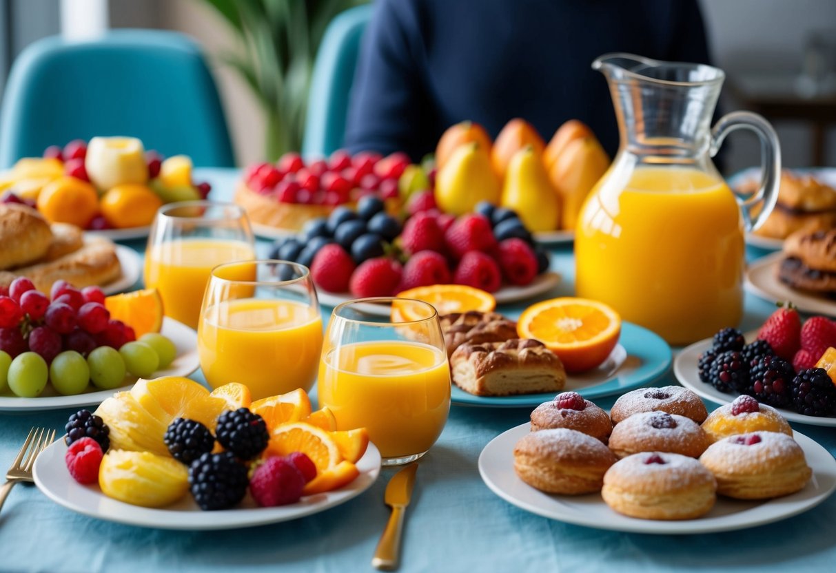 A colorful array of fruits, pastries, and a carafe of orange juice arranged on a table for a brunch gathering