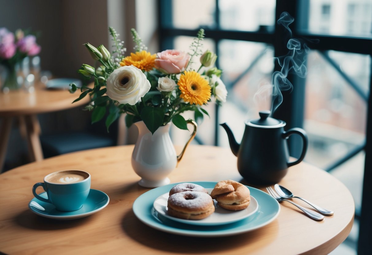 A beautifully set table with a vase of fresh flowers, a plate of pastries, and a pot of steaming coffee