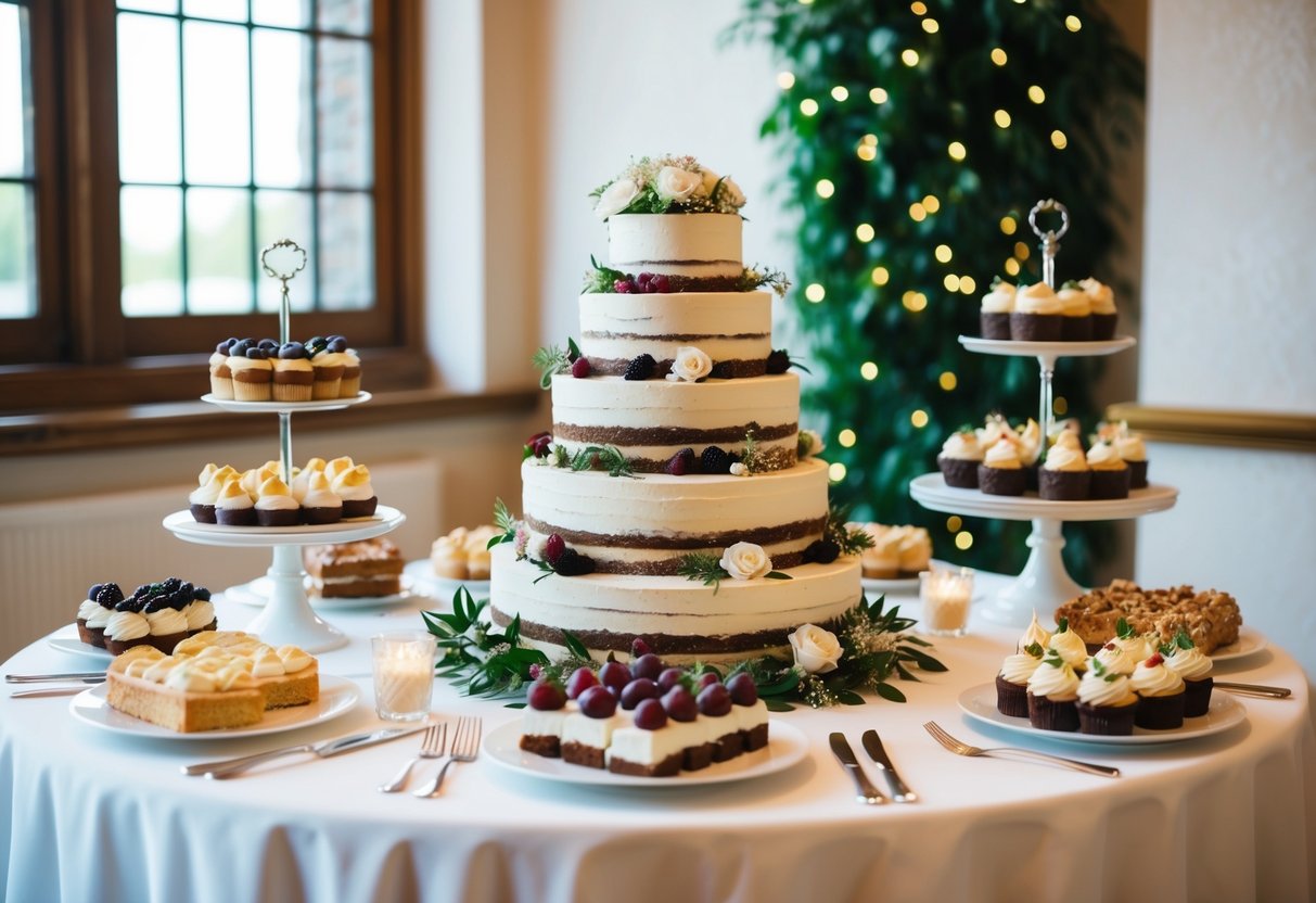 A beautifully decorated wedding table with a variety of dessert options, including a tiered cake stand left empty