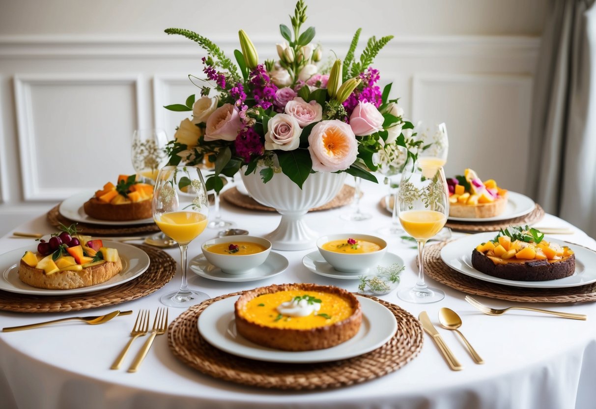 A beautifully set table with elegant place settings, floral centerpieces, and a variety of delicious brunch dishes spread out on display