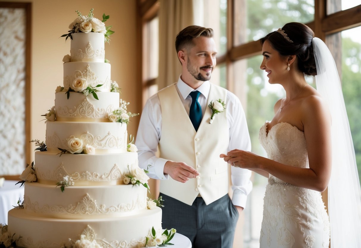 A bride and groom stand beside a towering, multi-tiered wedding cake, adorned with intricate designs and delicate flowers, as they discuss the size needed for their 250 guests