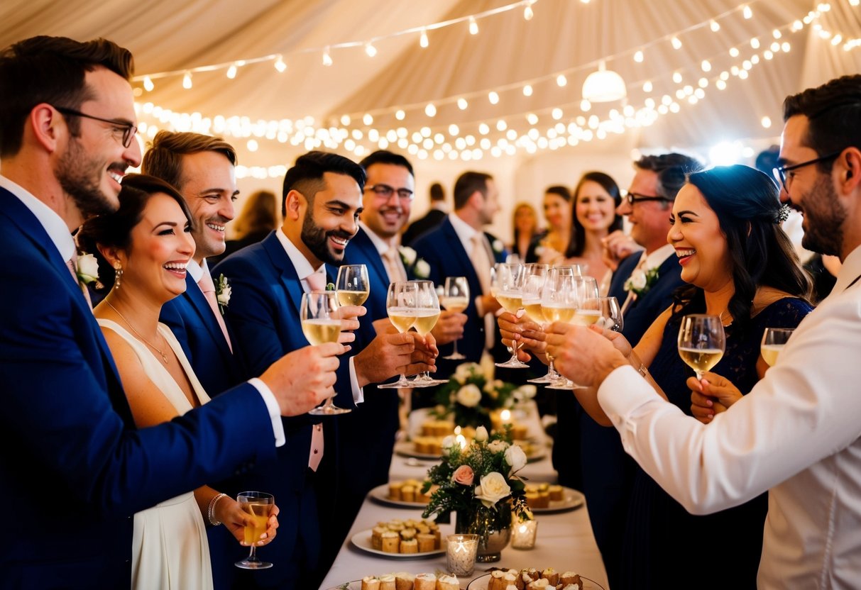 Guests mingle under twinkling lights, savoring desserts and toasting the newlyweds. Laughter and music fill the air, creating a warm and joyous atmosphere