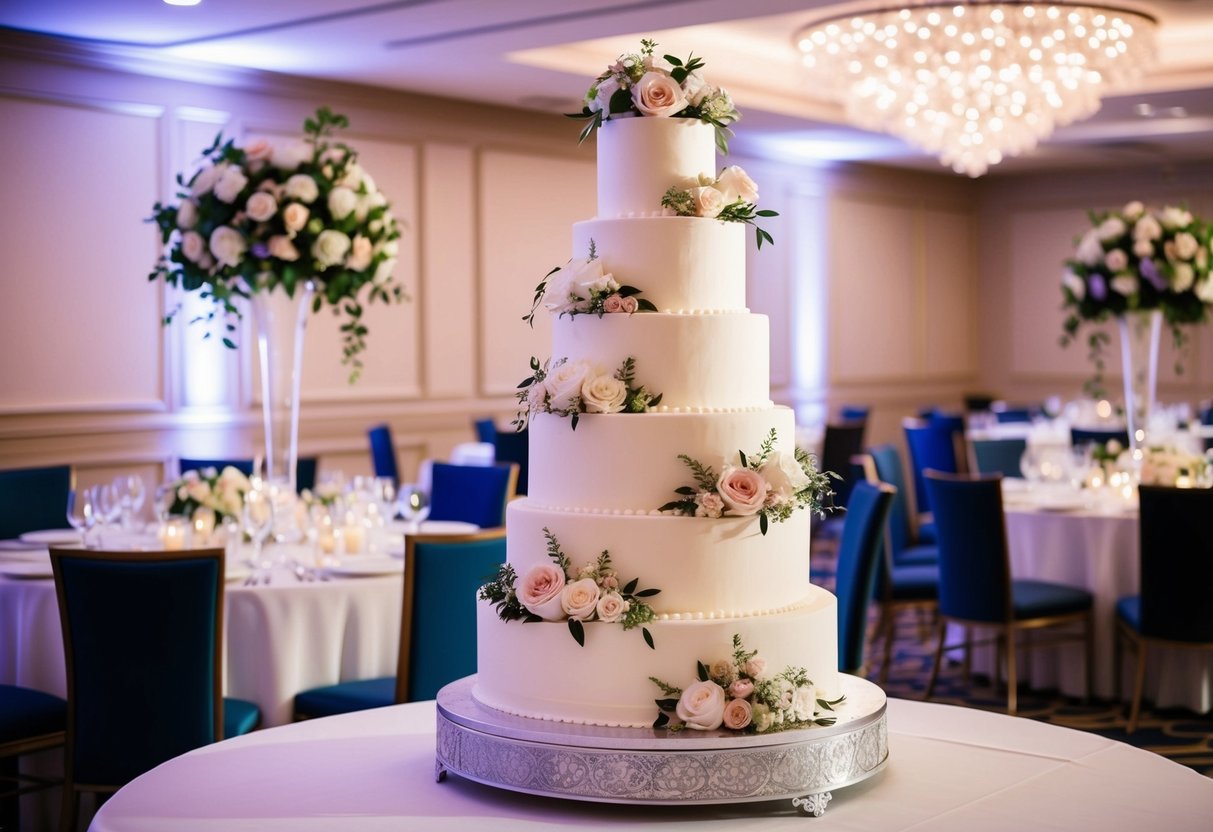 A towering five-tiered wedding cake adorned with intricate floral decorations, set against a backdrop of elegant table settings for 250 guests