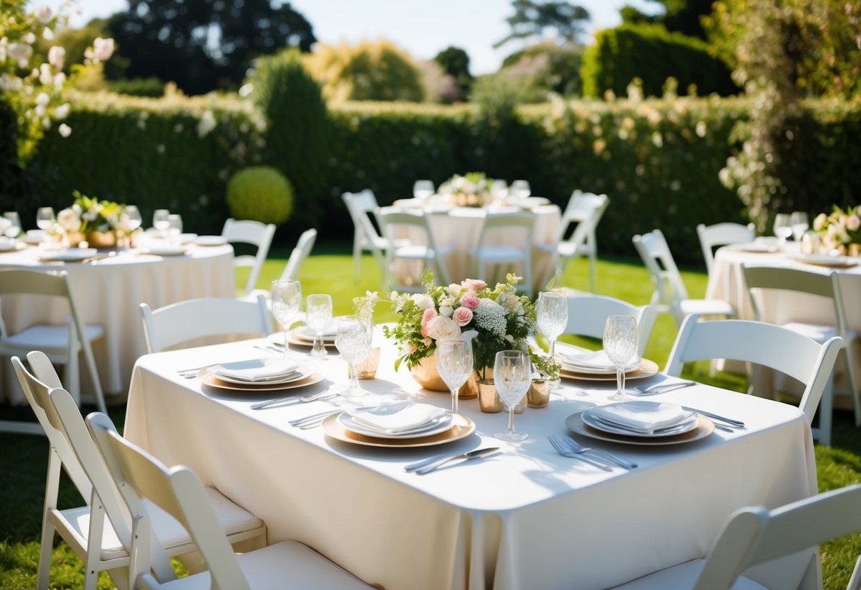 A sunny outdoor garden with elegant tables set for a brunch. White linens, flowers, and delicate tableware create a sophisticated atmosphere