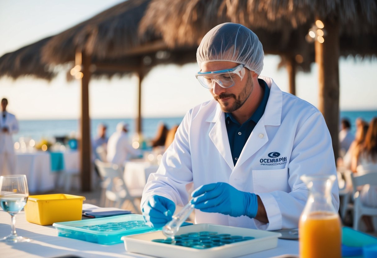 An oceanographer in a white lab coat studies ocean samples at a beachfront wedding brunch