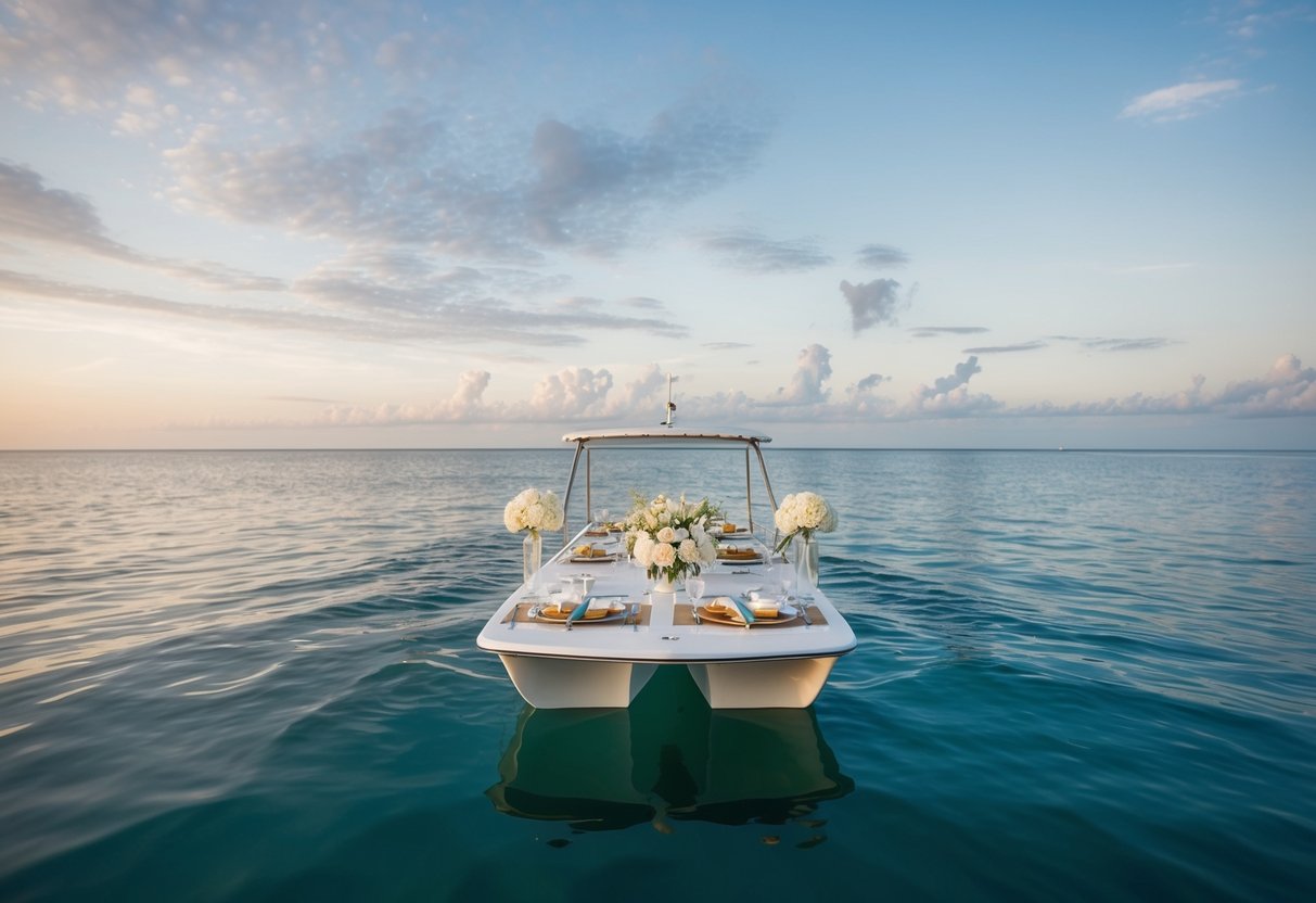 A serene ocean with a white wedding brunch set up on a boat, surrounded by challenges in oceanography