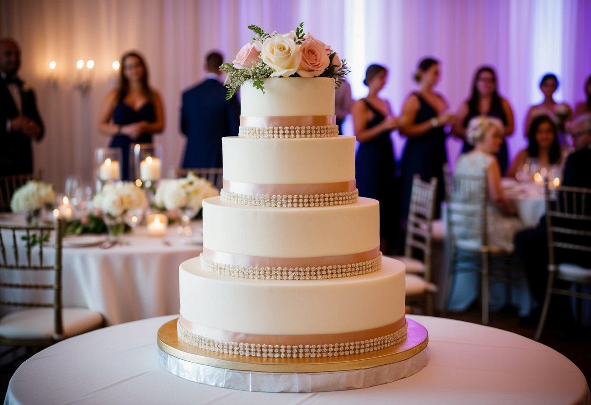 A tiered wedding cake with 3 layers, decorated with flowers and ribbon, displayed on a table at a reception with 60 guests