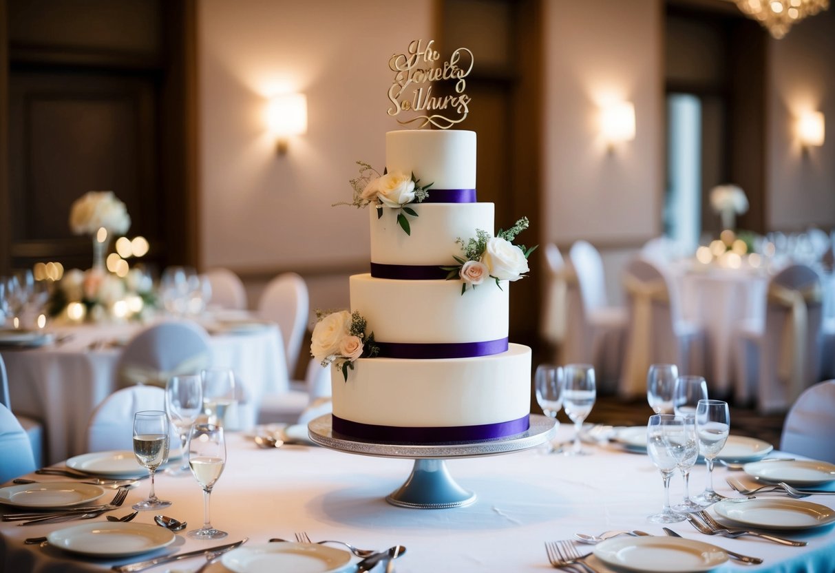 A tiered wedding cake with 3 layers, adorned with flowers and a cake topper, placed on a table with 60 place settings