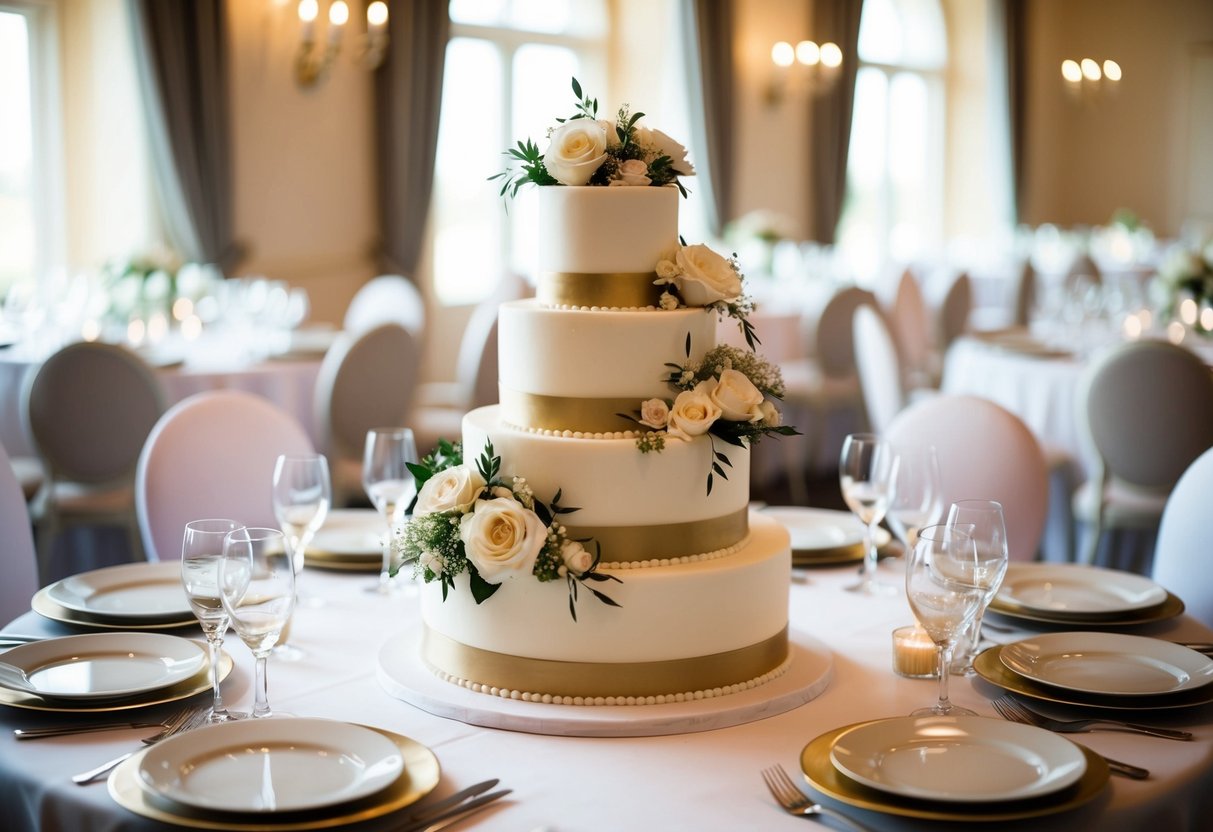 A three-tiered wedding cake with elegant floral decorations, placed on a decorated table, surrounded by 60 place settings