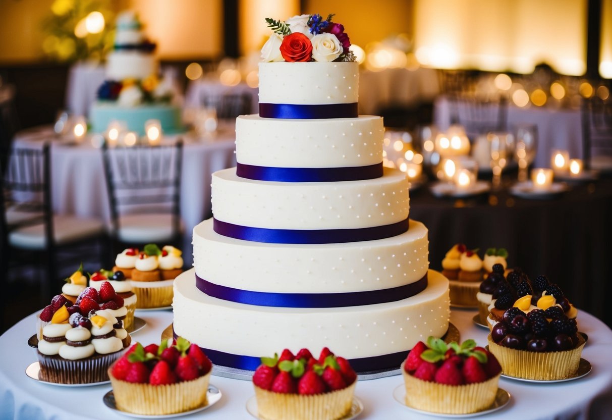 A tiered wedding cake surrounded by colorful and decadent dessert options, with enough slices for 60 guests