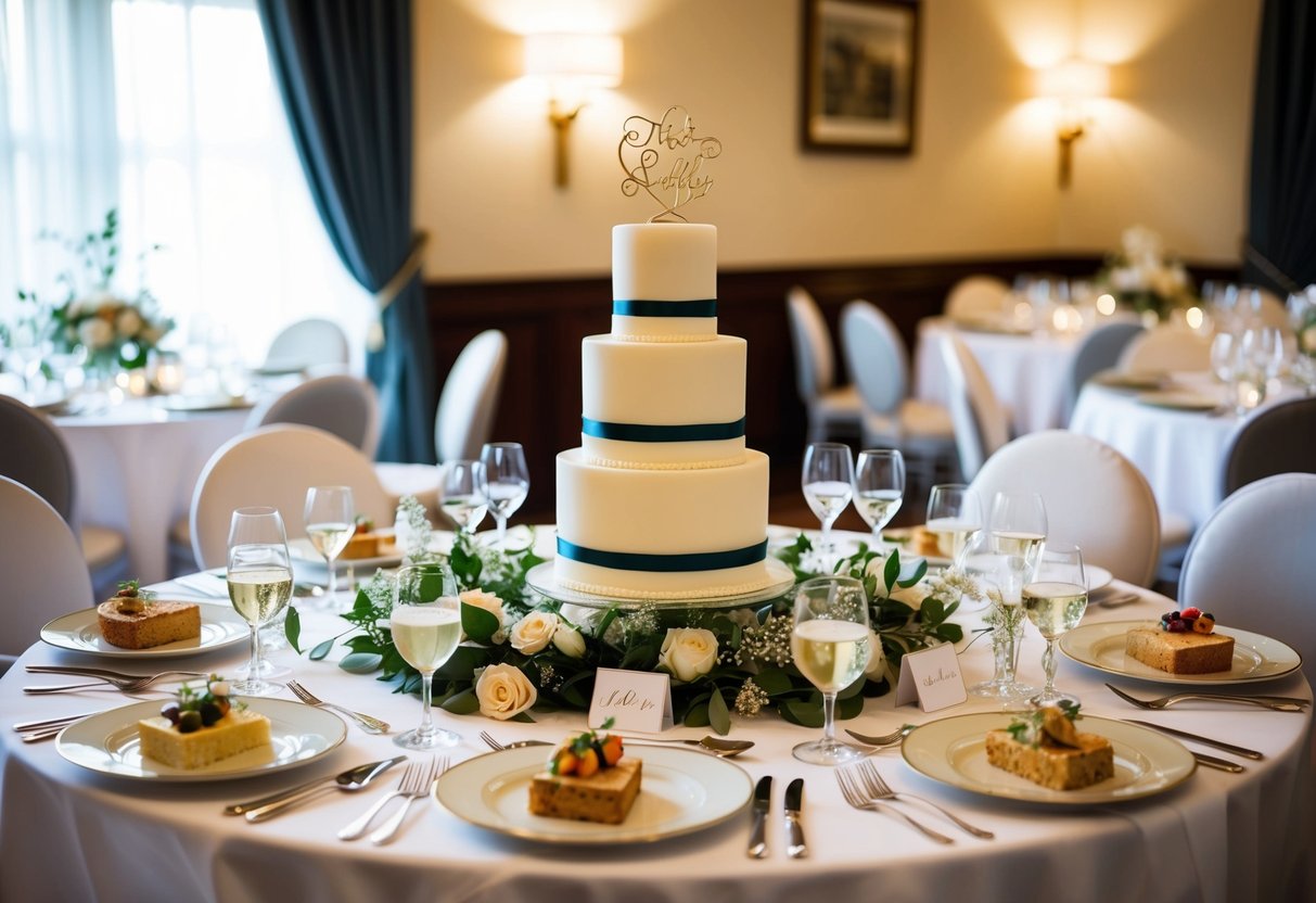 A beautifully set table with elegant place settings, a three-tiered wedding cake, and a variety of delectable dishes served on fine china
