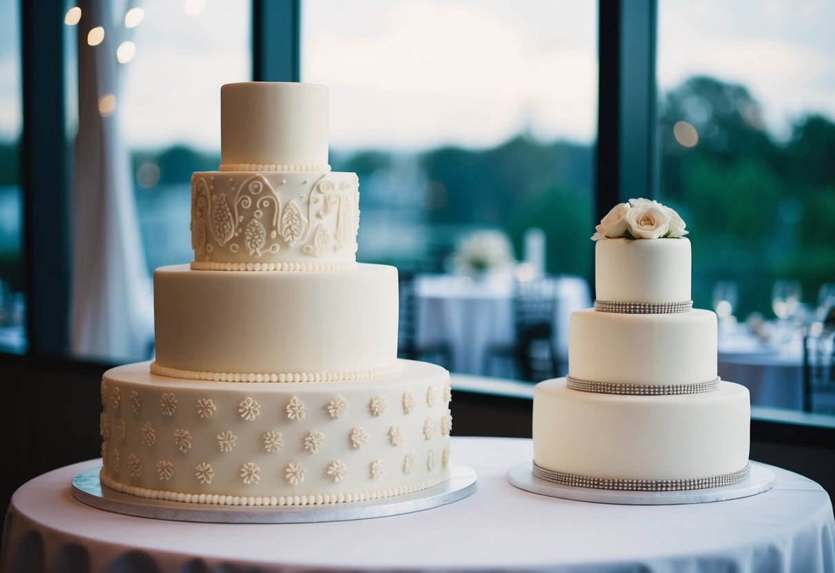 Three faux cake tiers in varying sizes, covered in fondant and decorated with intricate designs, placed on a table next to a real wedding cake