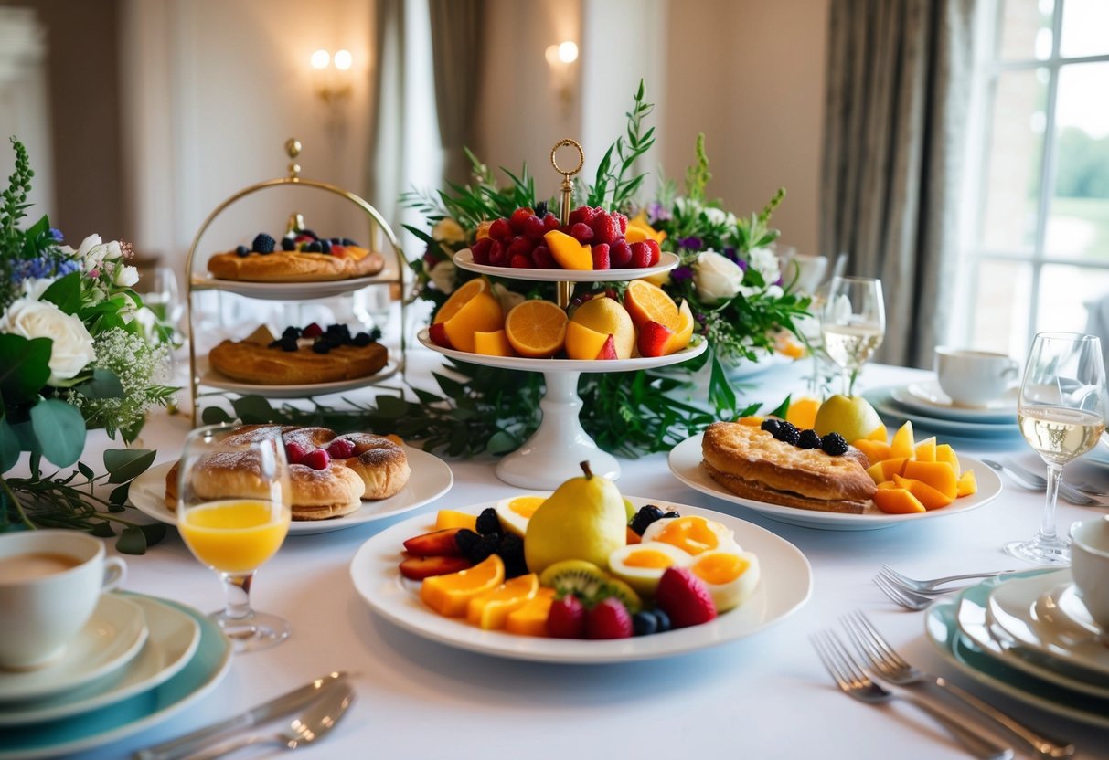 A beautifully decorated table with a variety of dishes including fresh fruits, pastries, eggs, and assorted breakfast items served at a wedding breakfast