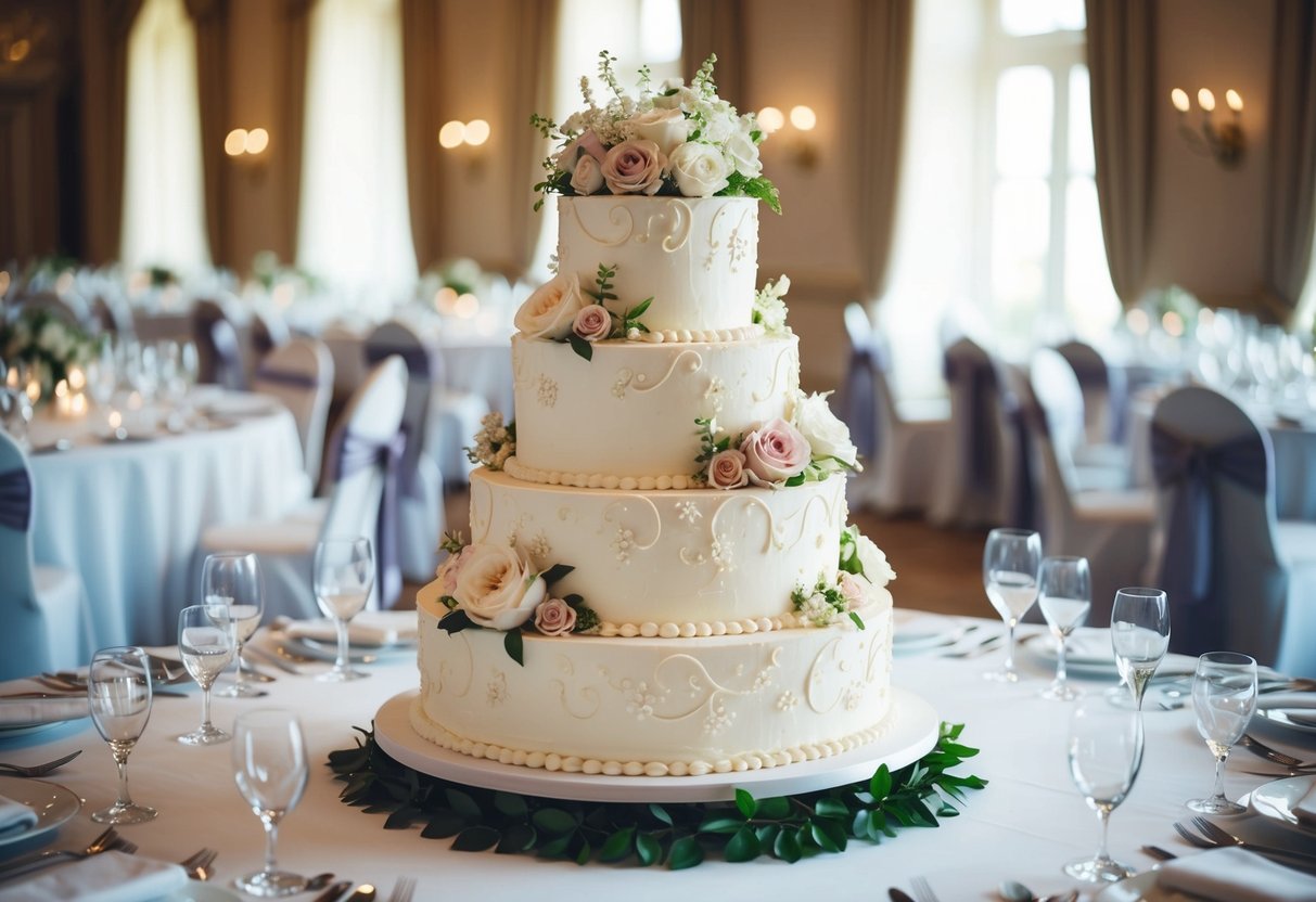 A three-tiered wedding cake, adorned with intricate floral designs and delicate frosting, sits atop a grand table, surrounded by elegant place settings for 100 guests