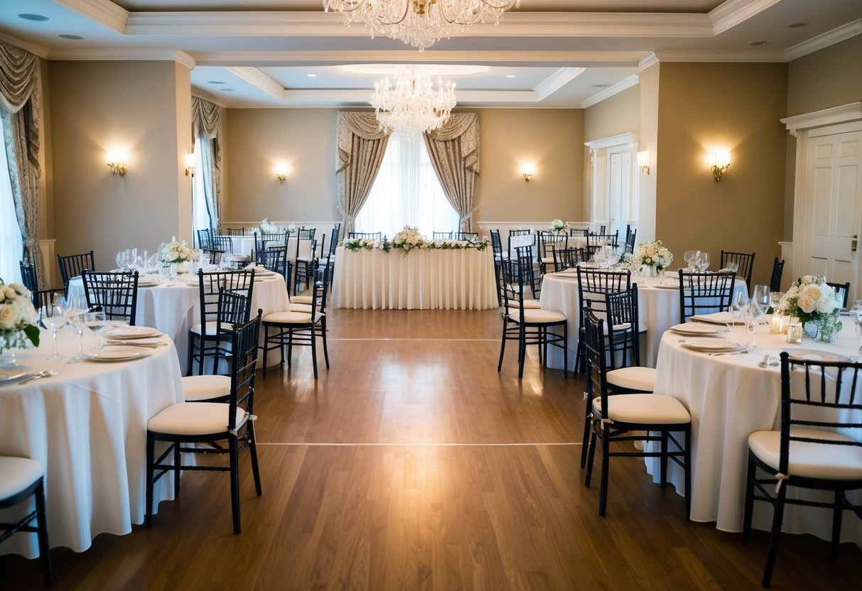 A beautifully decorated reception hall with tables set for a wedding breakfast, but with an empty space where the breakfast would be, indicating the choice to not have a formal morning meal