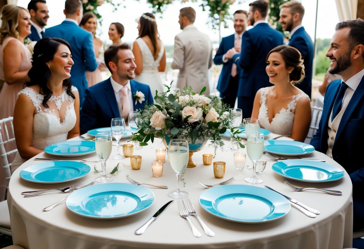A beautifully decorated wedding table with empty plates and glasses, surrounded by happy guests mingling and enjoying the celebration