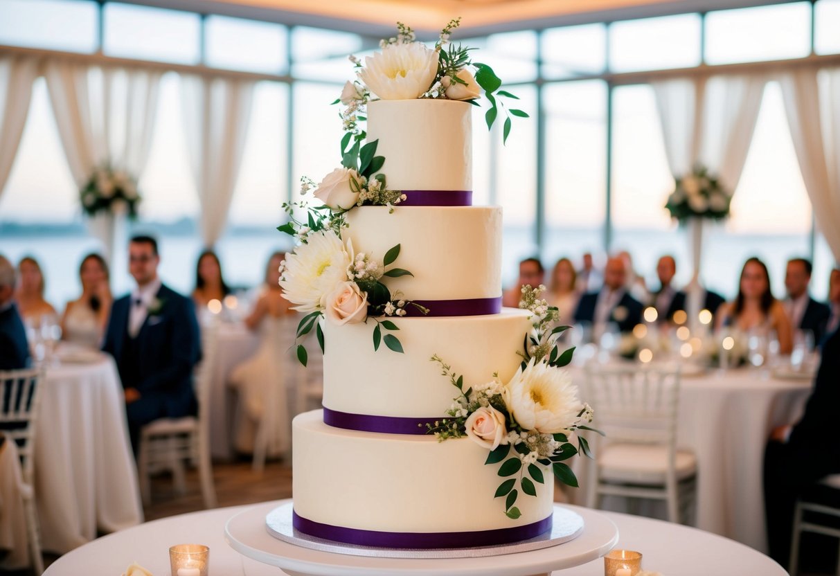 A three-tiered wedding cake with elegant floral decorations, serving 100 guests
