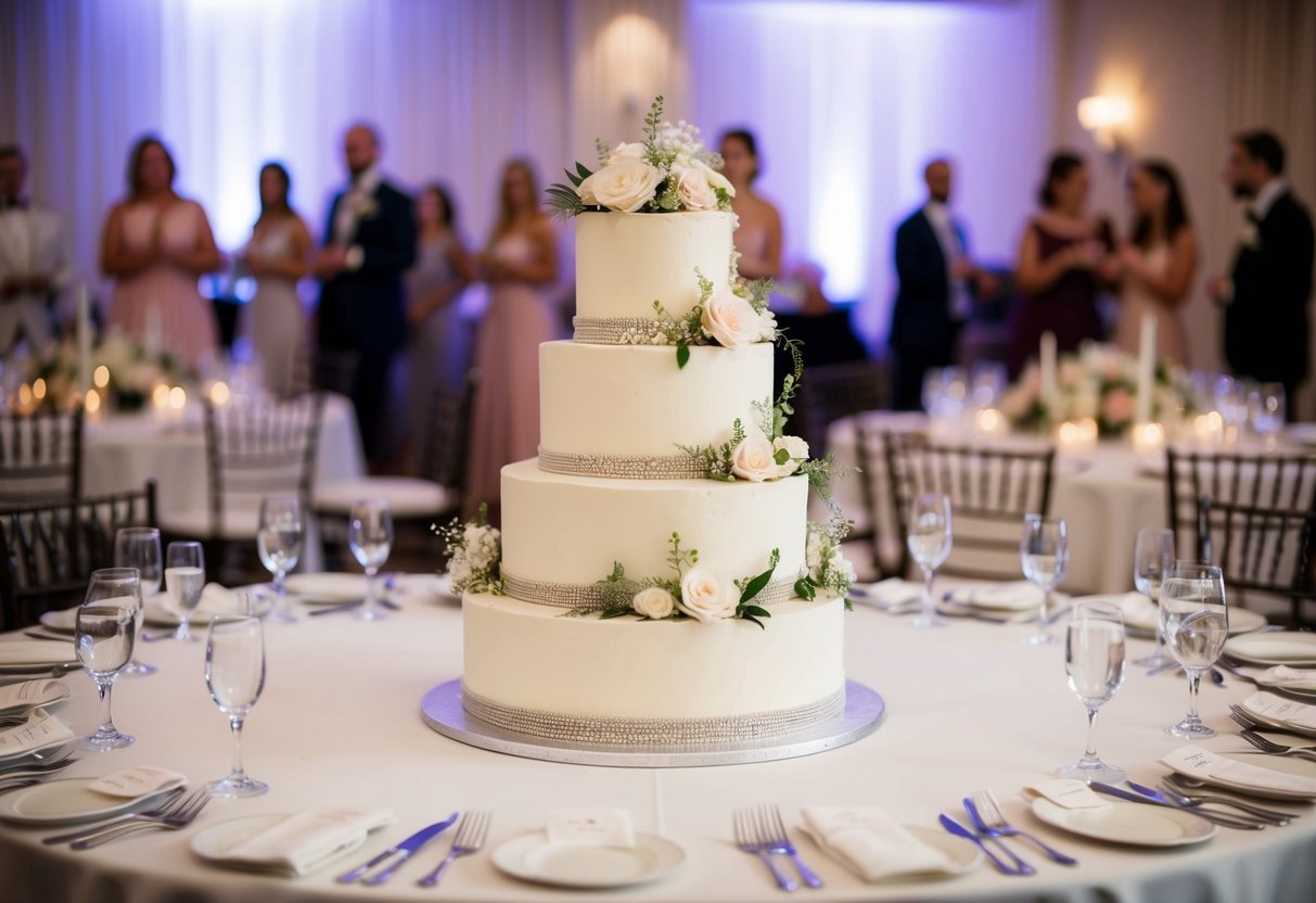 A three-tiered wedding cake, adorned with delicate floral decorations, stands on a table surrounded by elegant place settings for 100 guests