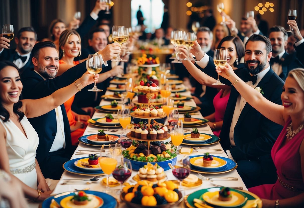 A lavish banquet table adorned with colorful dishes and decadent desserts, surrounded by joyful guests raising their glasses in celebration