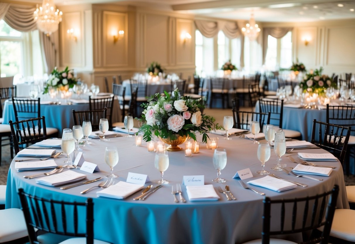 A large round table set with elegant place settings and floral centerpieces, with name cards indicating assigned seating for a wedding breakfast